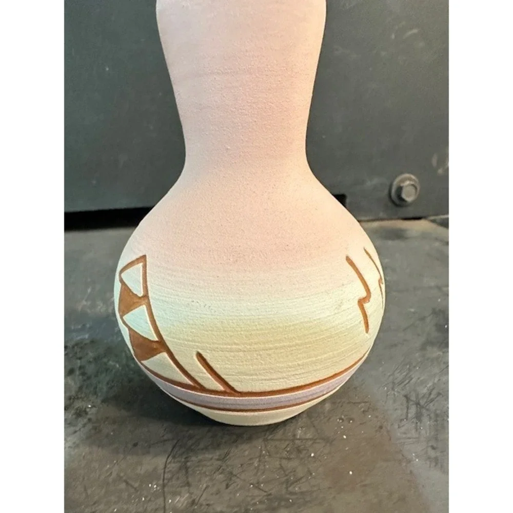 Sun Fox Southwestern Pottery Bud Vase Hand Etched Pink Yellow Geometric 4.5 Inch
